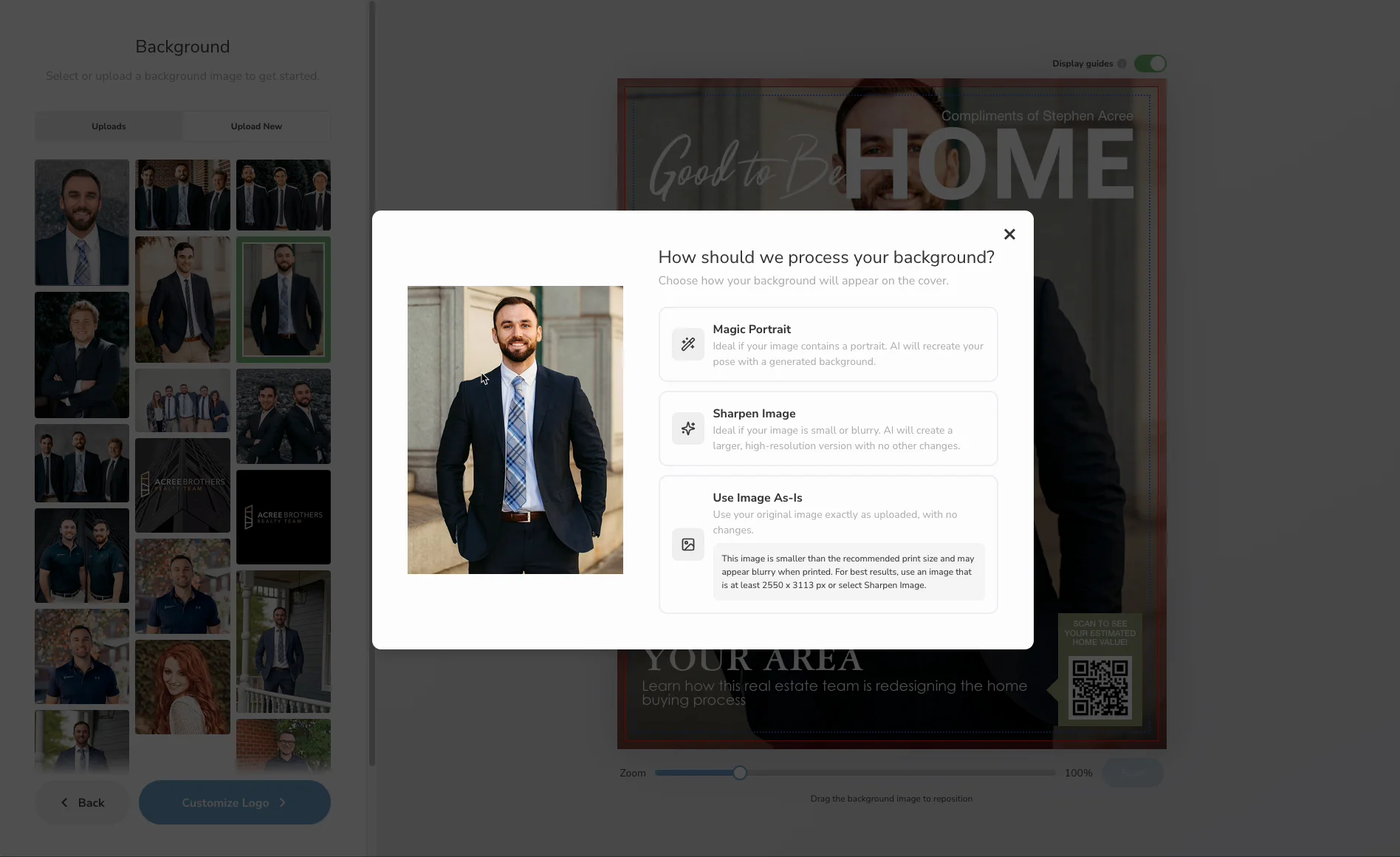 The “How should we process your background?” window offering Magic Portrait, Sharpen Image, and use-as-is options