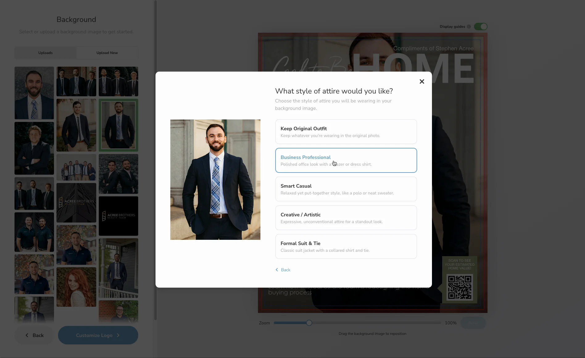 Cover Builder attire picker showing Business Professional, Smart Casual, Creative, and Formal Suit & Tie styles