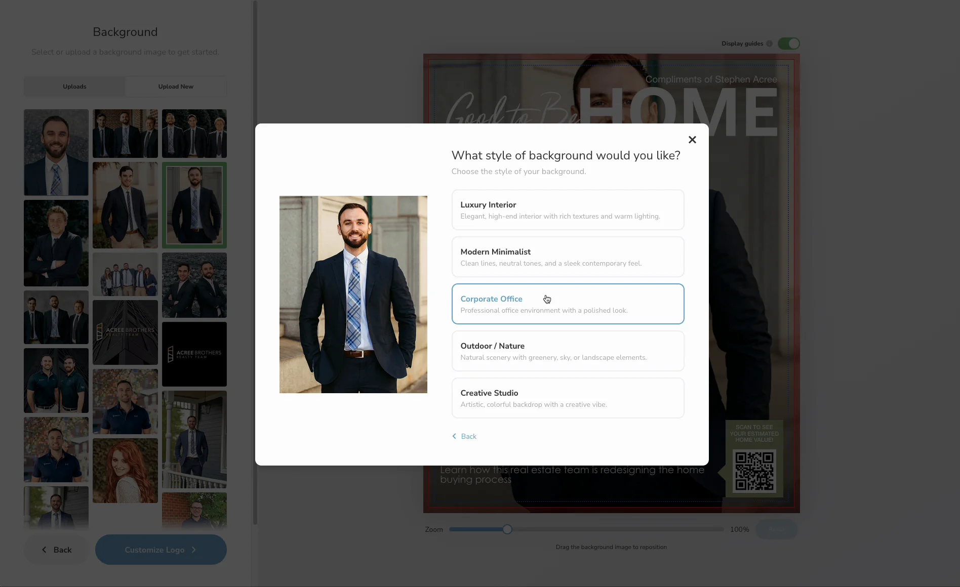 Cover Builder background style picker showing Luxury Interior, Modern Minimalist, Corporate Office, Outdoor/Nature, and Creative Studio
