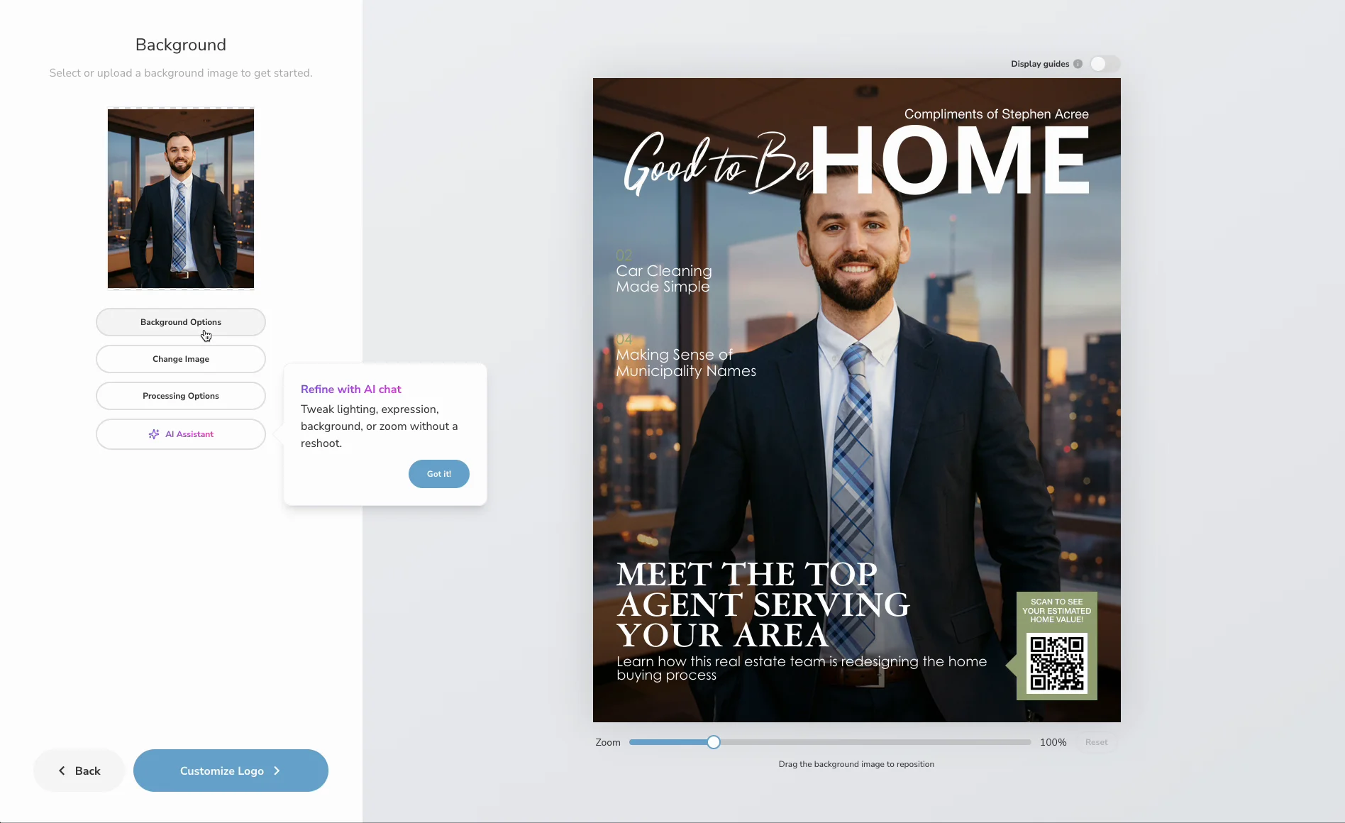 Refine with AI chat tooltip in the Cover Builder, inviting edits to lighting, expression, background, or crop