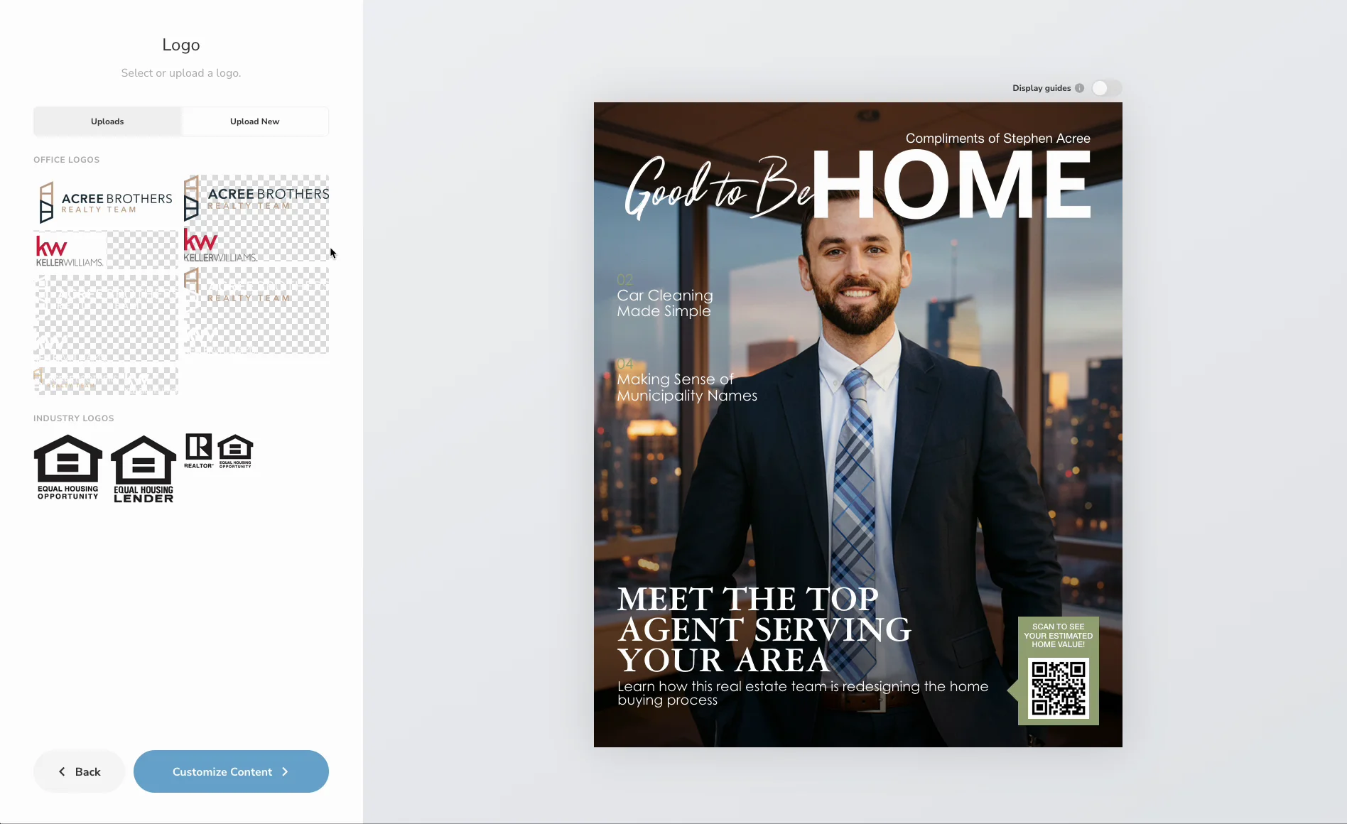 Logo library with office logos and industry logos such as Equal Housing Opportunity and REALTOR