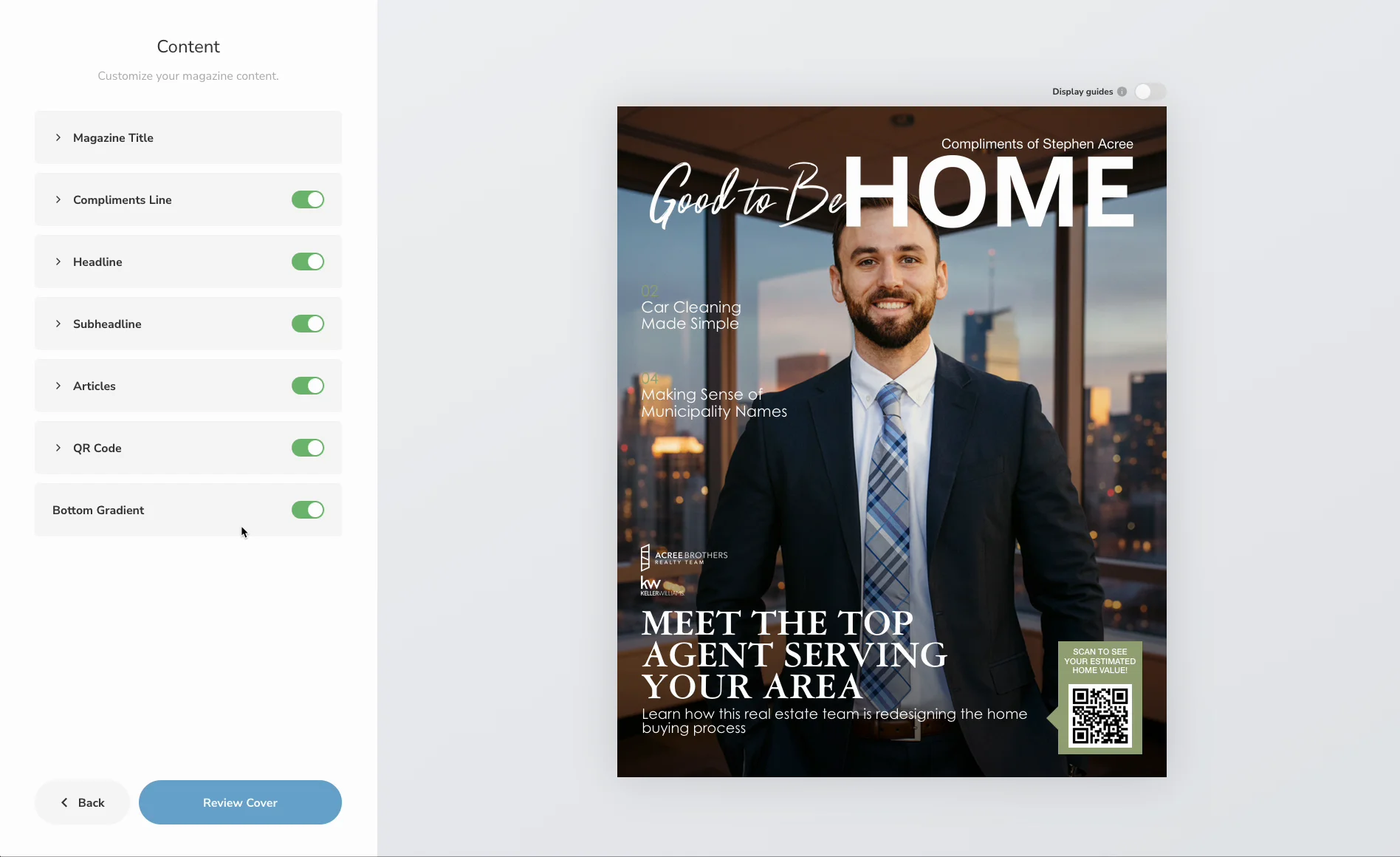 Content controls for toggling the compliments line, headline, subheadline, featured articles, and QR code