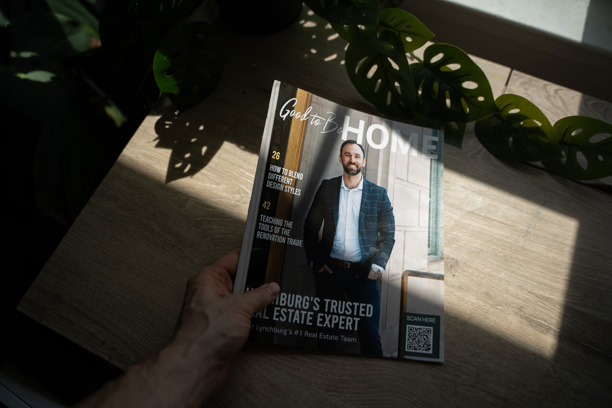 A branded magazine resting on a kitchen counter.