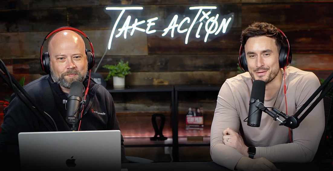 Luke and Josh recording an episode of the Stay Paid podcast in the ReminderMedia studio.