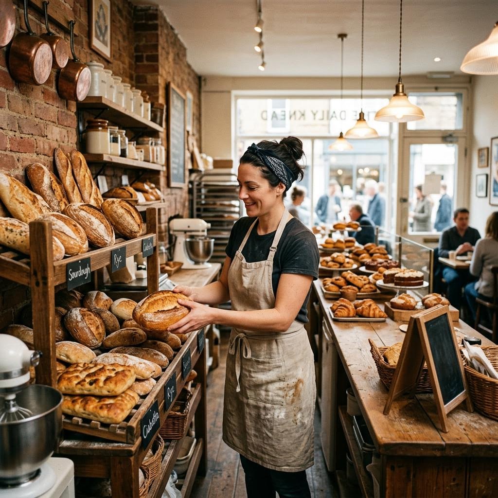Illustrative spread concept: a baker arranging fresh bread in a cozy shop