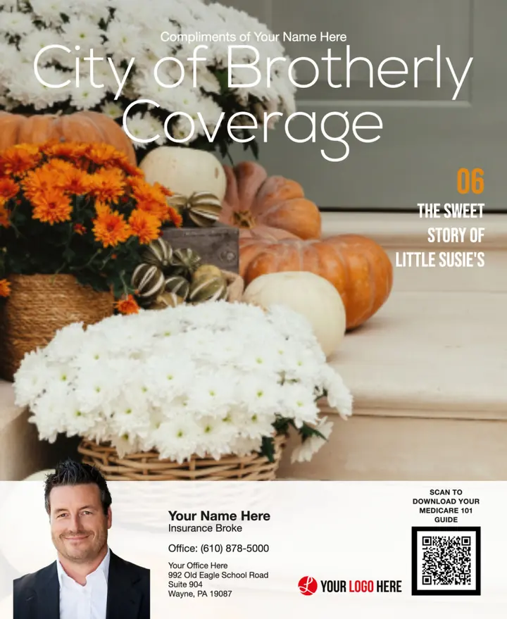 City of Brotherly Coverage custom-title insurance magazine cover with autumn flowers