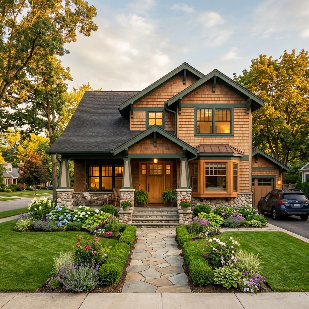 Illustrative spread concept: a craftsman-style home at golden hour