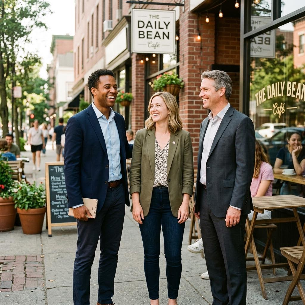 Illustrative spread concept: a small professional team outside a neighborhood café