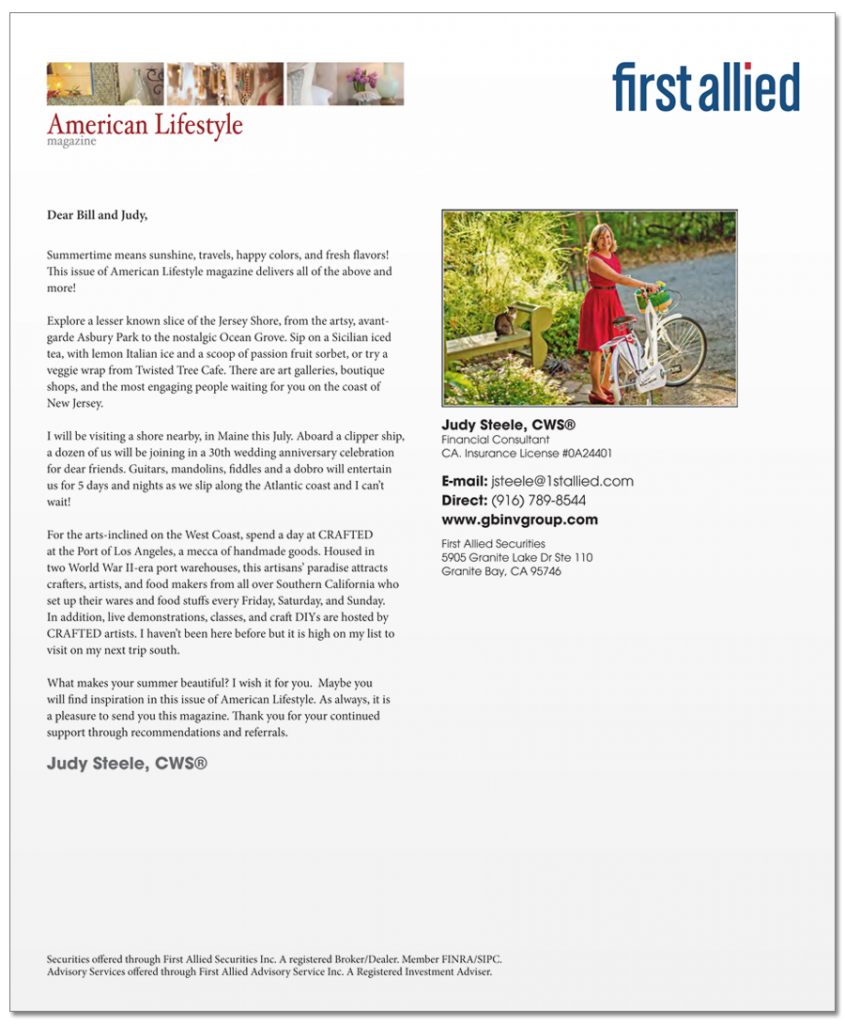 Front Inside Cover Sample of American Lifestyle for Judy Steele