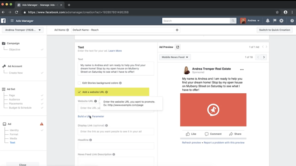 A selectable box to add a link preview window to your Facebook ad