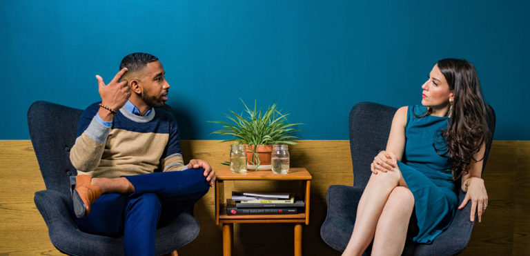 An agent engages in conversation with a client.