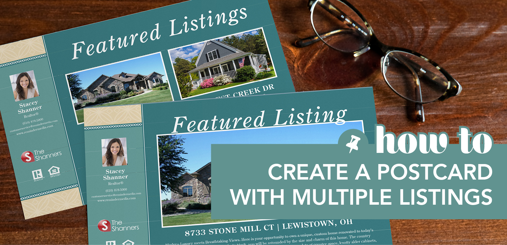 Multiple listing postcards are placed on a table with the caption, "Create a Postcard with Multiple Listings"