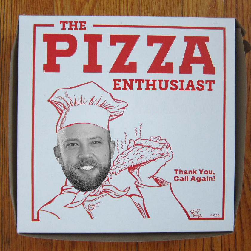 Josh Stike's face edited digitally to appear on a pizza box labeled, "The Pizza Enthusiast"