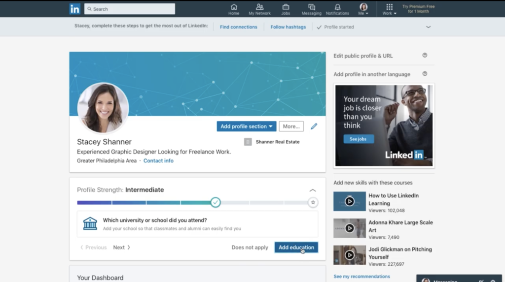The Add Education button is clicked on LinkedIn