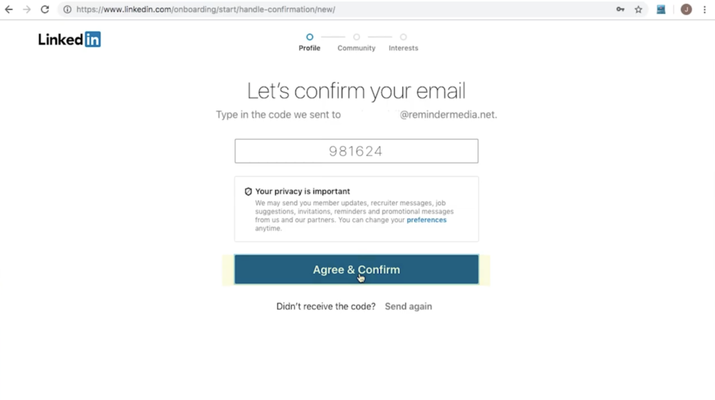 The screen on which your LinkedIn email is confirmed