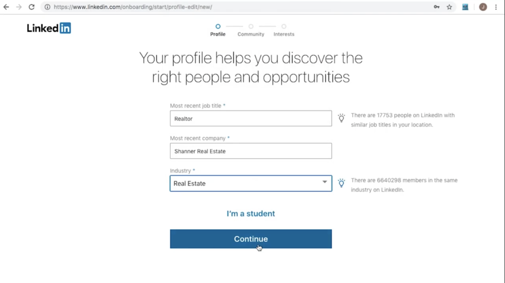 Drop-down menus to identify your position and industry on LinkedIn