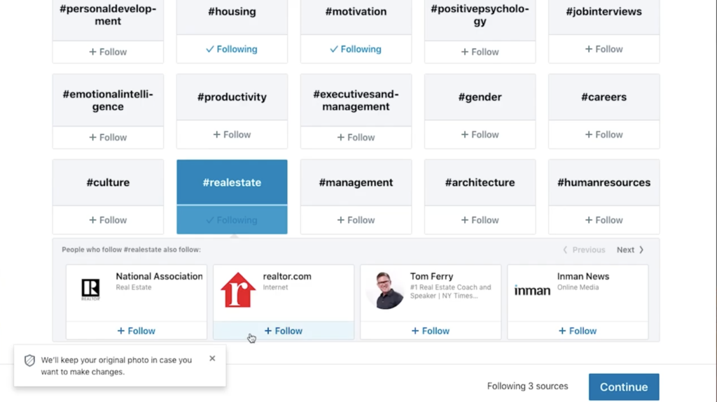 Options to follow specific interests on LinkedIn