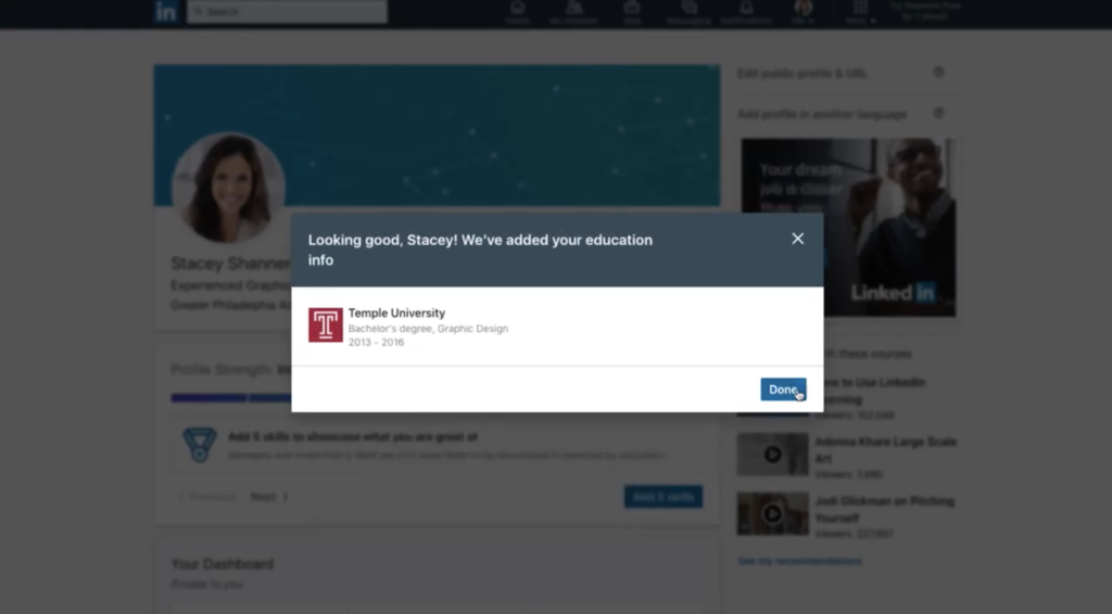 An education screen updated on LinkedIn