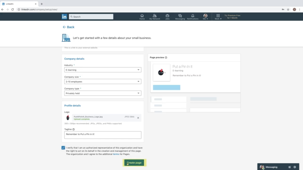 Click this button to finish creating your company page
