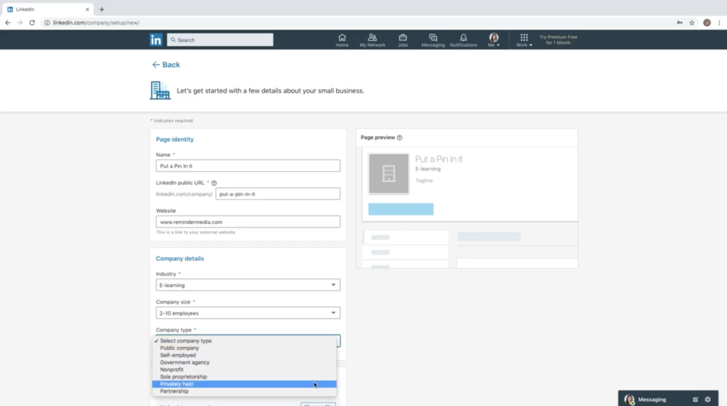 Select your company type on LinkedIn