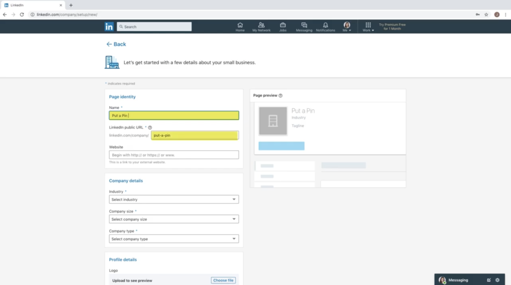Enter the name of your business on LinkedIn
