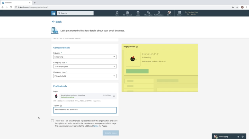 The Page Preview box on LinkedIn