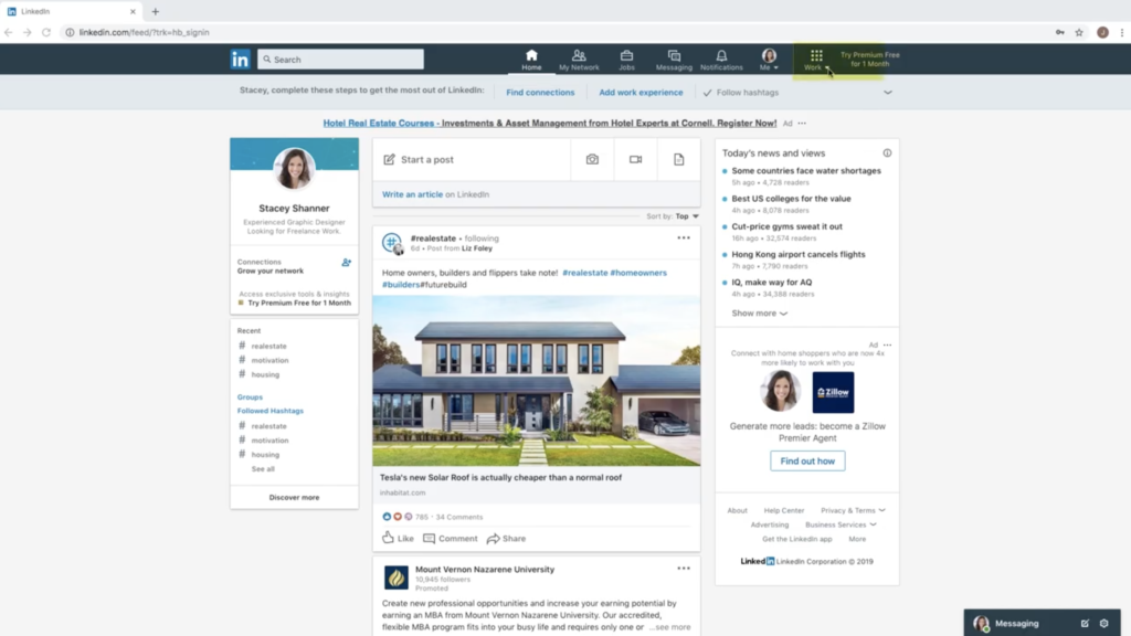 The Work tab on LinkedIn