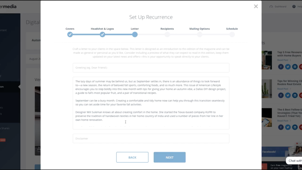Customize your inside cover letter for your recurring digital edition