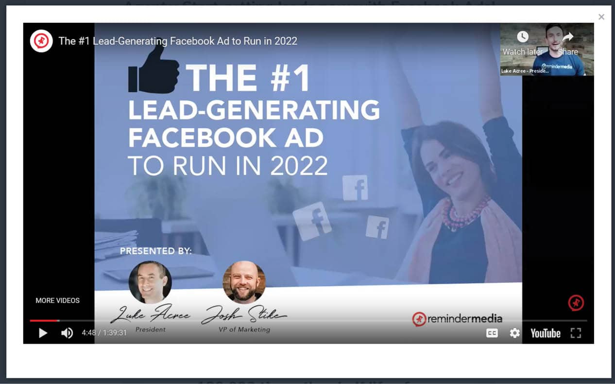 A presentation title slide that reads the number one lead-generating facebook ad to run in 2022