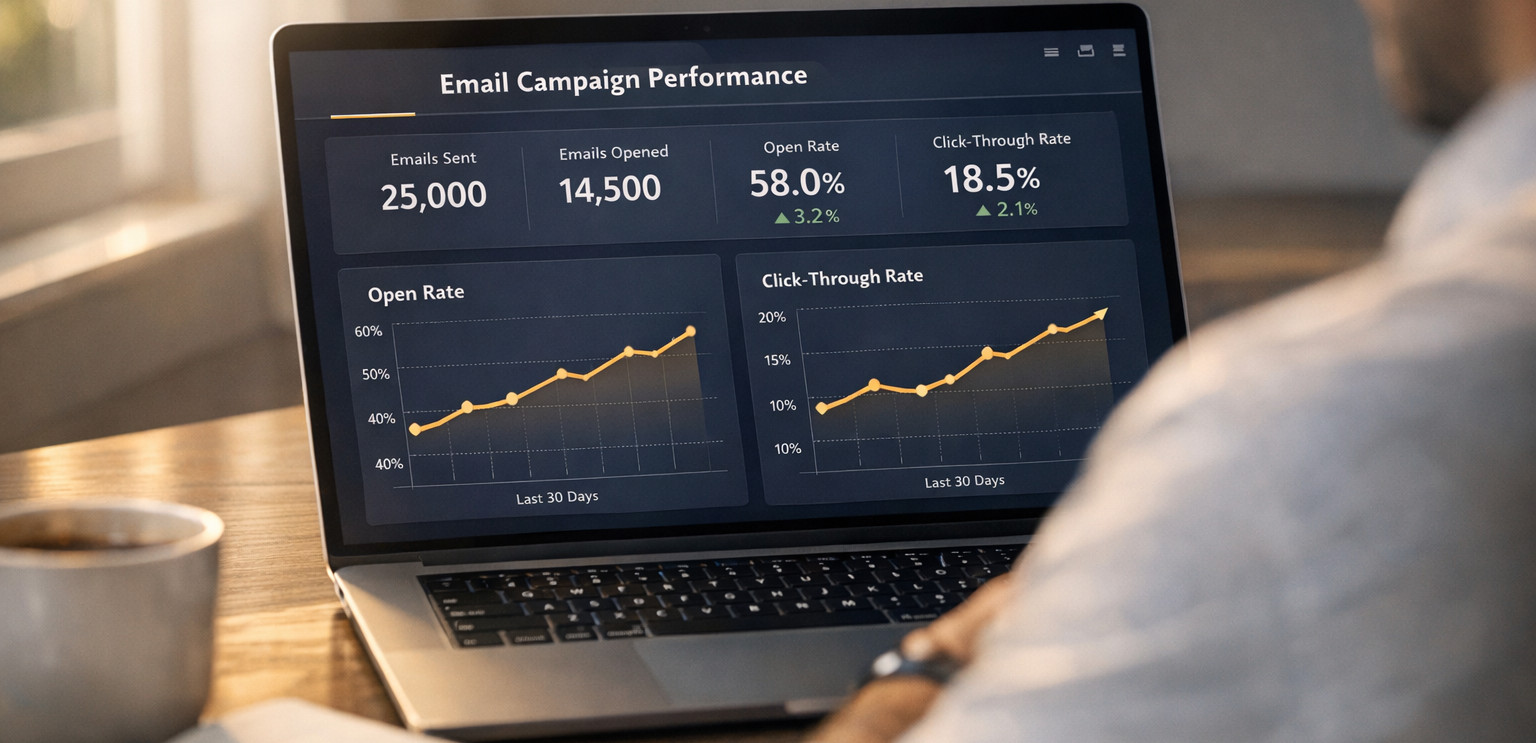 Marketer reviewing email campaign performance dashboard showing open rate and click-through rate trending upward