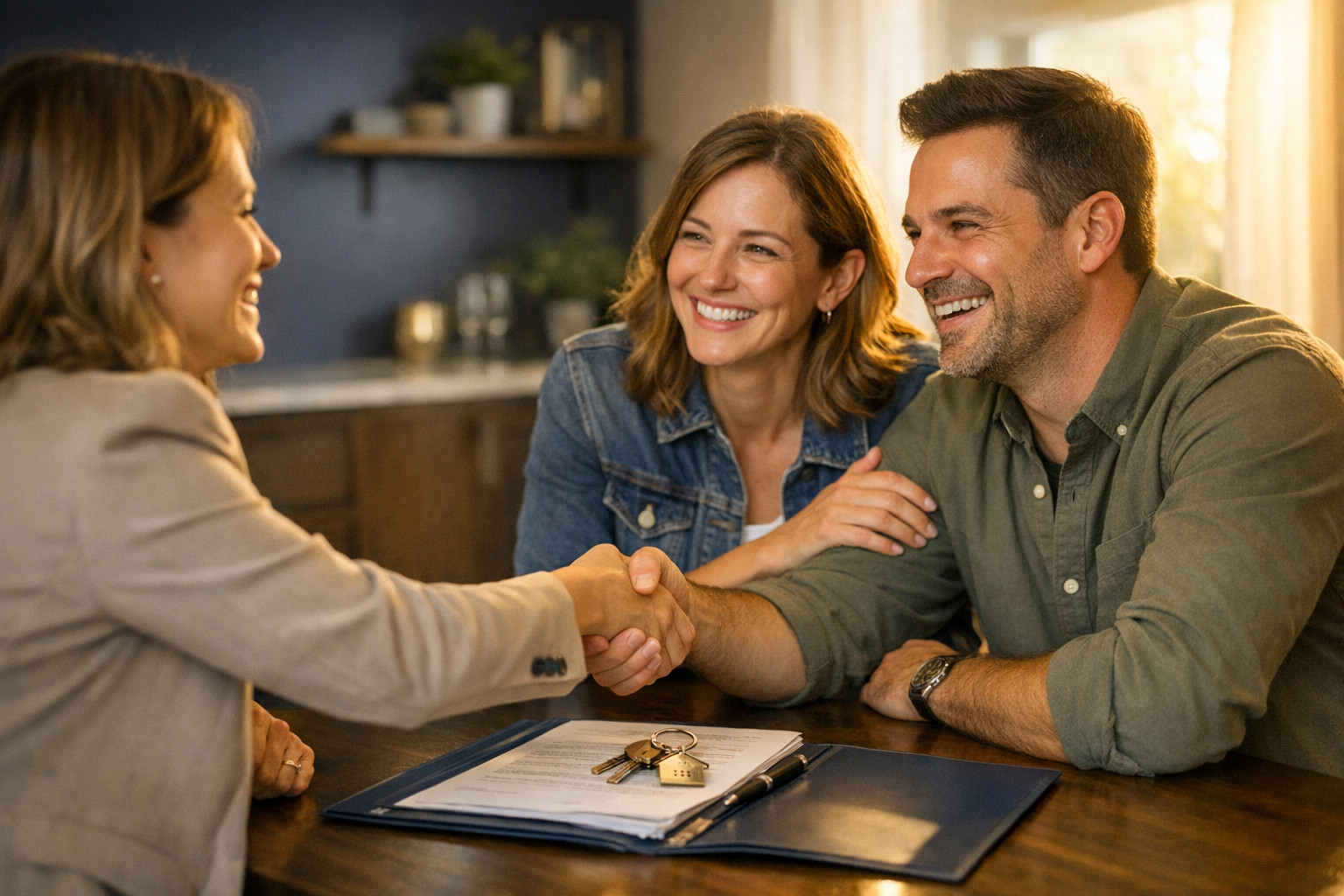 Real estate agent shaking hands with a delighted couple at a closing table, house keys resting on closing paperwork — the moment a satisfied client decides to refer their agent