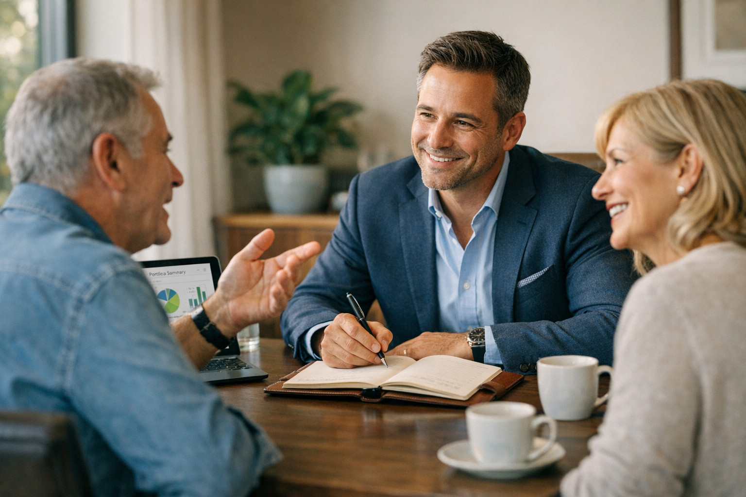 Loyal existing clients enthusiastically recommending someone to their financial advisor — your existing client base is the most valuable source of referrals